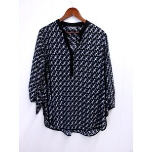 Roz & Ali‎ Women's 1X Blouse Top Black White V Neck Long Sleeve / #1070